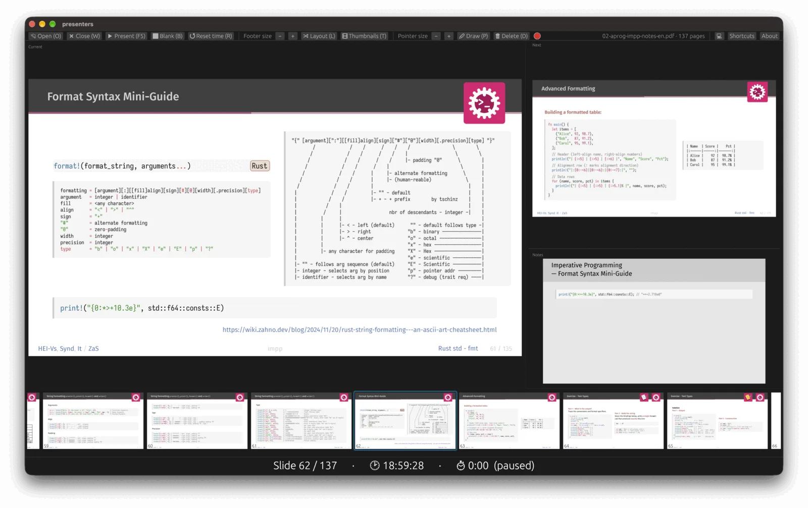 The presenter view with current slide, next slide, notes, thumbnails and a timer.
